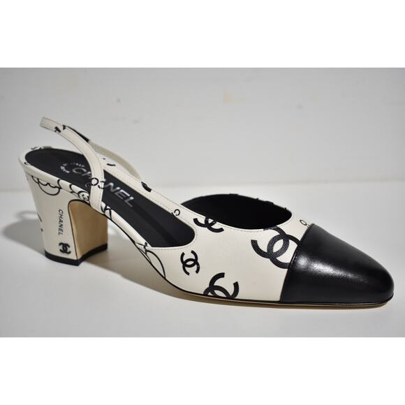 Chanel 23P Mademoiselle Coco Sling White Black CC Logo Slingback Sandal Heel 37 - Picture 2 of 12
